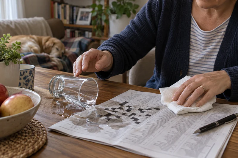 A hand returning toward the crossword nudges the resting glass; water wets the puzzle page. AI illustration.
